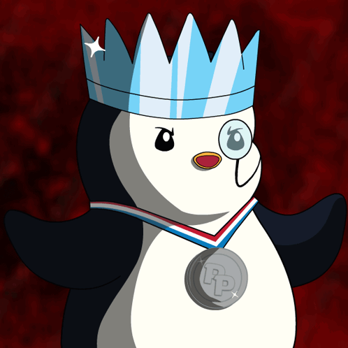 A Penguin Wearing A Crown And A Medal With The Letter Rp On It GIF