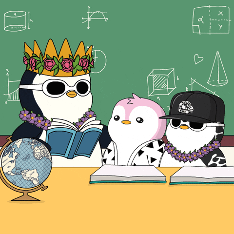 Penguin With Crown And Sunglasses Reading To Penguins GIF