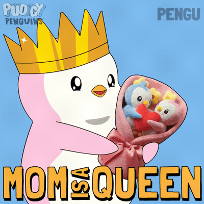 A Penguin Wearing A Crown Is Holding A Bouquet Of Stuffed Penguins And Says " Mom & Queen " Below It GIF