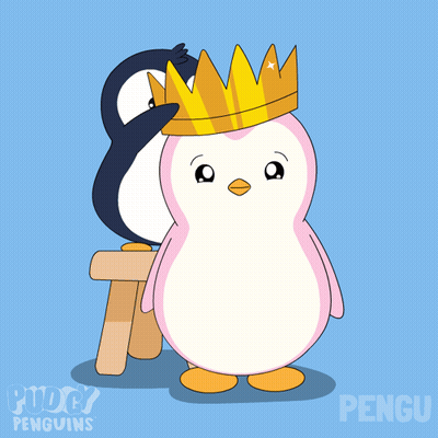 A Penguin Wearing A Crown Is Next To Another Penguin On A Stool GIF