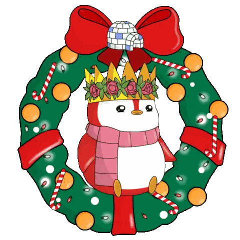A Penguin Wearing A Crown Is Sitting Inside Of A Christmas Wreath Sticker