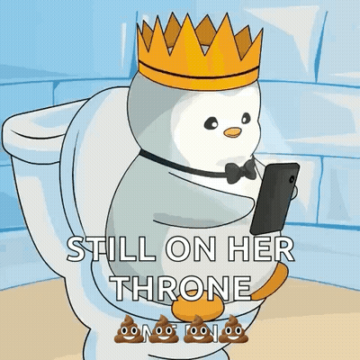 A Penguin Wearing A Crown Is Sitting On A Toilet Holding A Cell Phone GIF
