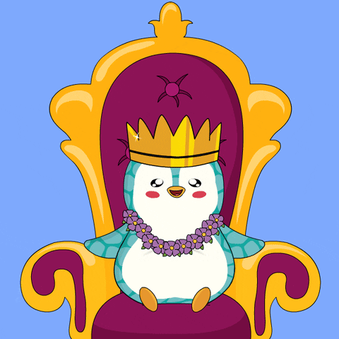 A Penguin Wearing A Crown Sits On A Throne GIF