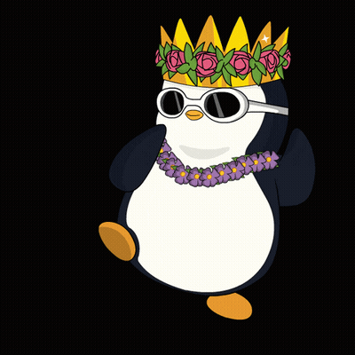 A Penguin Wearing A Crown Sunglasses And A Flower Lei GIF