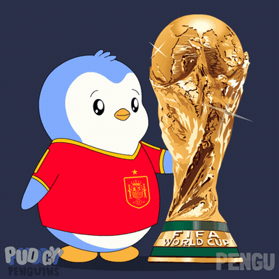 A Penguin Wearing A Fifa World Cup Shirt Stands Next To A Trophy GIF