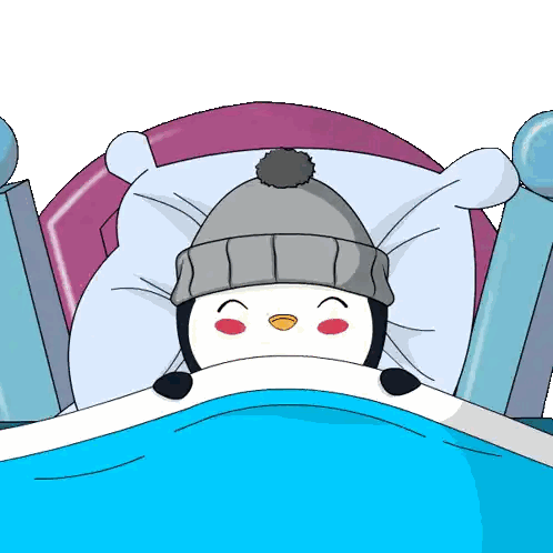 A Penguin Wearing A Gray Hat Is Laying In Bed Sticker