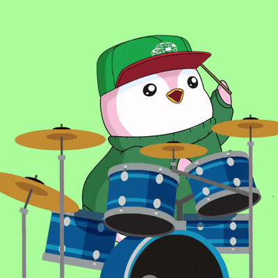 A Penguin Wearing A Green Hat And A Green Sweater Plays Drums GIF
