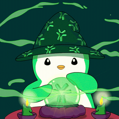 A Penguin Wearing A Green Hat Holds A Crystal Ball GIF