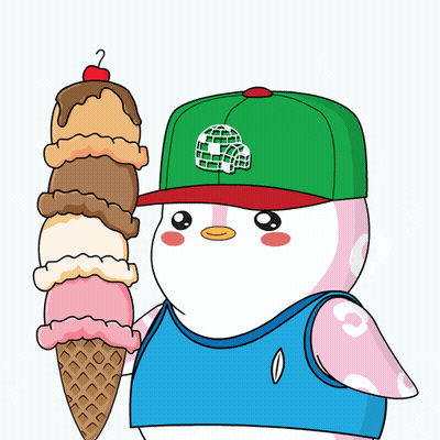 A Penguin Wearing A Green Hat Is Holding A Stack Of Ice Cream Cones GIF