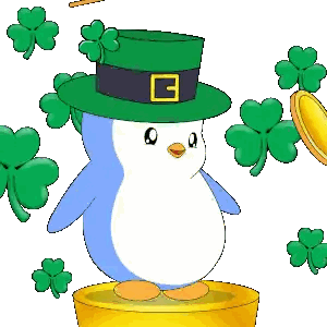A Penguin Wearing A Green Hat With The Letter G On It Is Standing On A Gold Coin Sticker