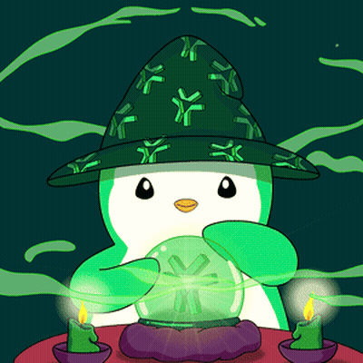 A Penguin Wearing A Green Wizard Hat Holds A Crystal Ball GIF