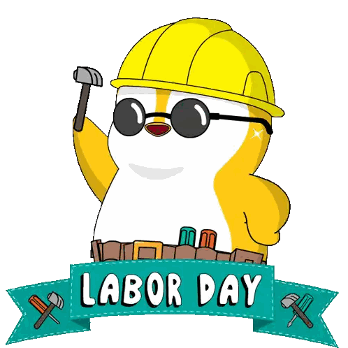 A Penguin Wearing A Hard Hat And Sunglasses Is Holding A Hammer And Says Labor Day On The Bottom Sticker