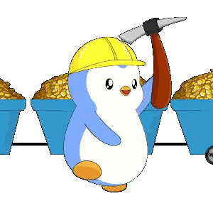 A Penguin Wearing A Hard Hat Is Holding A Pickaxe In Front Of A Cart Filled With Gold Sticker
