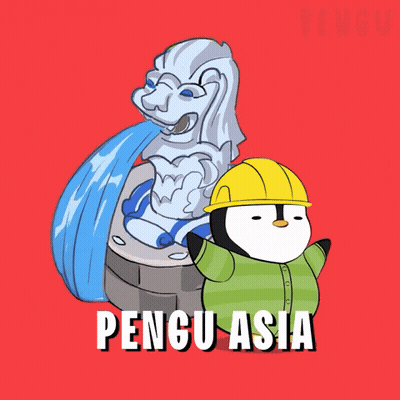 A Penguin Wearing A Hard Hat Is Standing Next To A Statue Of A Lion And The Words Pengu Asia Below It GIF