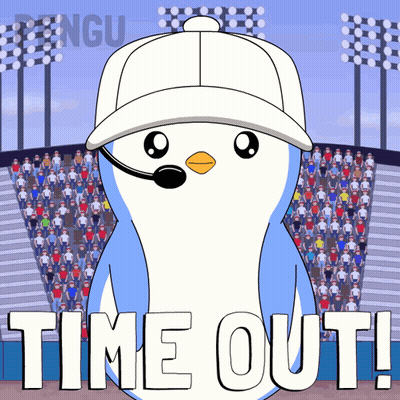 A Penguin Wearing A Hat And A Headset Stands In Front Of A Crowd And Says Time Out GIF