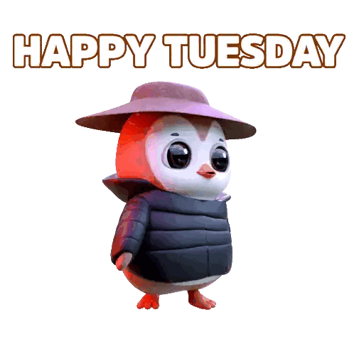 A Penguin Wearing A Hat And A Jacket With The Words Happy Tuesday Below It Sticker