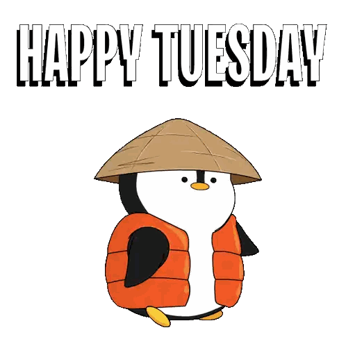 A Penguin Wearing A Hat And A Life Jacket With The Words Happy Tuesday Below It Sticker