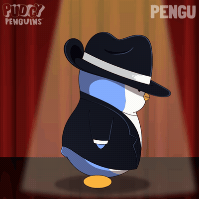 A Penguin Wearing A Hat And A Suit Is Standing In Front Of A Red Curtain With The Word Pengu On It GIF