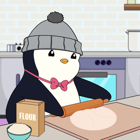 A Penguin Wearing A Hat And Bow Tie Is Rolling Out Dough Next To A Box Of Flour GIF