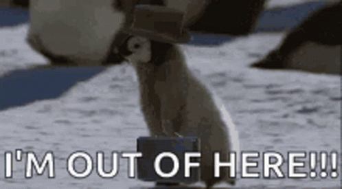 A Penguin Wearing A Hat And Carrying A Suitcase Is Walking In The Snow . GIF