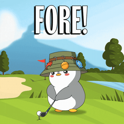 A Penguin Wearing A Hat And Holding A Golf Club On A Golf Course With The Word Fore Above Him GIF
