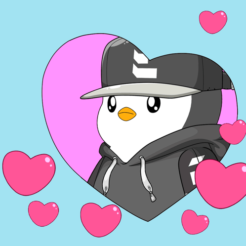 A Penguin Wearing A Hat And Hoodie Is Surrounded By Hearts GIF