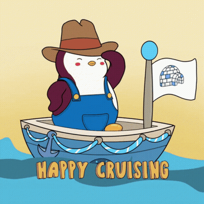 A Penguin Wearing A Hat And Overalls Is In A Boat With The Words Happy Cruising Below It GIF