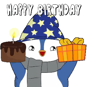 A Penguin Wearing A Hat And Scarf Holds A Birthday Cake And Gift Box Sticker