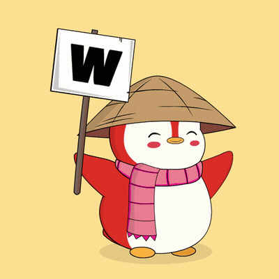 A Penguin Wearing A Hat And Scarf Holds A Sign That Says W GIF
