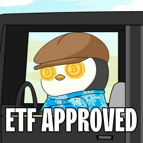 A Penguin Wearing A Hat And Scarf Is Sitting In A Car With The Words Etf Approved Below It GIF