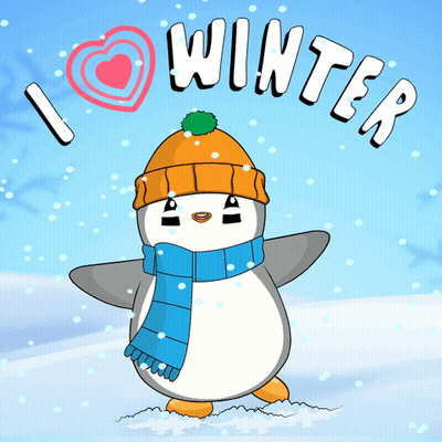 A Penguin Wearing A Hat And Scarf Is Standing In The Snow And Says " I Love Winter " GIF