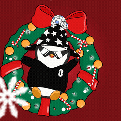 A Penguin Wearing A Hat And Sunglasses Is In A Christmas Wreath With Candy Canes GIF