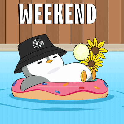 A Penguin Wearing A Hat Is Floating On A Donut In A Pool With The Word Weekend Written Above It GIF