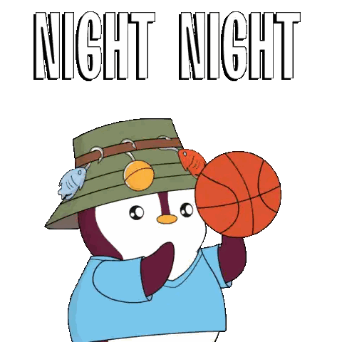 A Penguin Wearing A Hat Is Holding A Basketball With The Words Night Night Written Above It Sticker