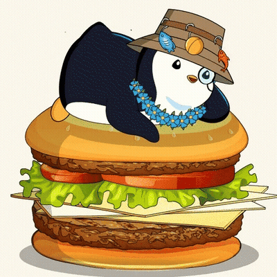 A Penguin Wearing A Hat Is Laying On Top Of A Large Hamburger GIF