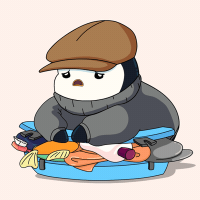 A Penguin Wearing A Hat Sits On Top Of A Suitcase Filled With Clothes GIF