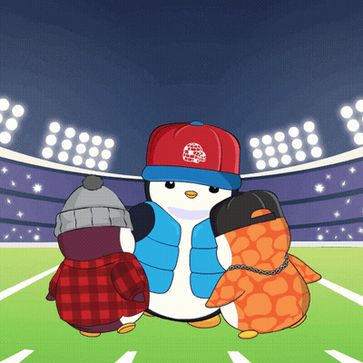A Penguin Wearing A Hat That Says ' Penguins ' On It Is Standing Next To Two Other Penguins GIF