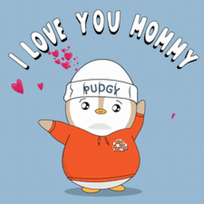A Penguin Wearing A Hat That Says Pupgk Is Surrounded By Hearts And Says I Love You Mommy GIF