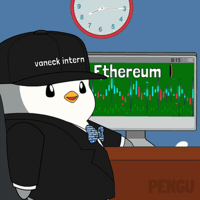A Penguin Wearing A Hat That Says " Vaneck Intern " GIF