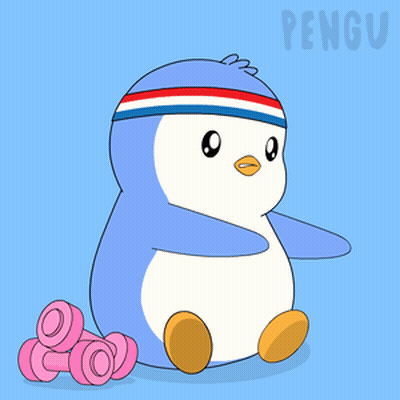 A Penguin Wearing A Headband And Dumbbells With The Word Penguin Behind It GIF