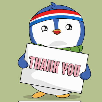 A Penguin Wearing A Headband And Scarf Holds A Thank You Sign GIF