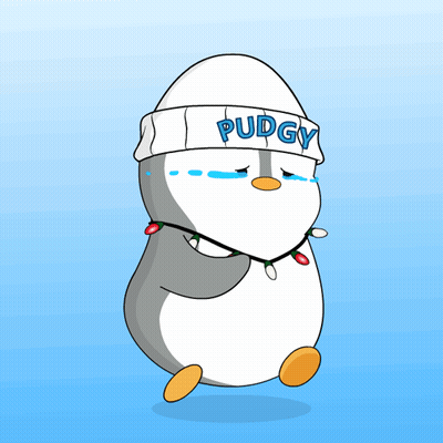 A Penguin Wearing A Headband That Says Pudgy On It GIF