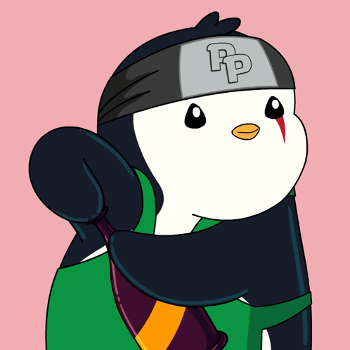 A Penguin Wearing A Headband With The Letter R On It GIF