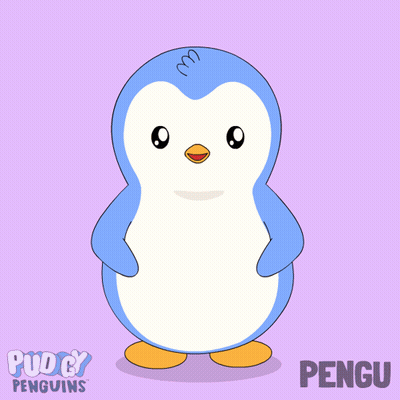 A Penguin Wearing A Heart Shaped Glasses Is Surrounded By Red Hearts And The Name Pengu On The Bottom GIF
