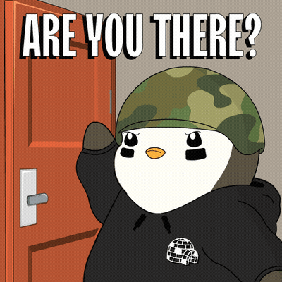 A Penguin Wearing A Helmet Stands In Front Of A Door With The Words Are You There GIF