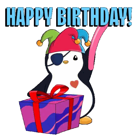 A Penguin Wearing A Jester Hat Is Holding A Balloon And A Gift Box With The Words Happy Birthday Written On It Sticker