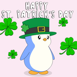 A Penguin Wearing A Leprechaun Hat And Holding Four Leaf Clovers Says Happy St Patrick 'S Day GIF