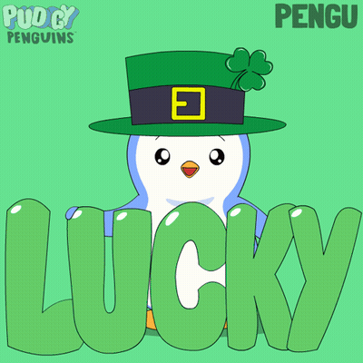 A Penguin Wearing A Leprechaun Hat Is Holding A Clover And The Word Lucky Behind It GIF