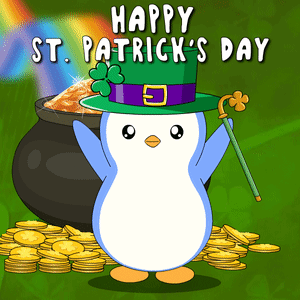 A Penguin Wearing A Leprechaun Hat Stands In Front Of A Pot Of Gold Coins GIF