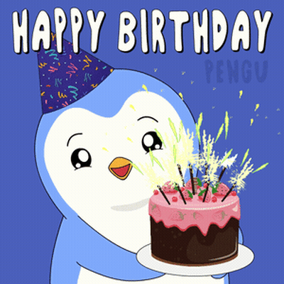 A Penguin Wearing A Party Hat And Holding A Birthday Cake GIF